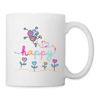Be happy - Fröhliche Biene mit Herzblumen - Tasse - Weiß - Rechts