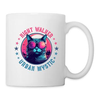 Stadtkatze mit rosaroter Brille bei Nacht in der Stadt - Tasse - Weiß - Rechts