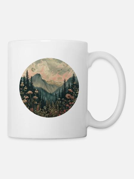 Boho, Flowers, Mountains, Landscape, Nature, Trees - Mug - white