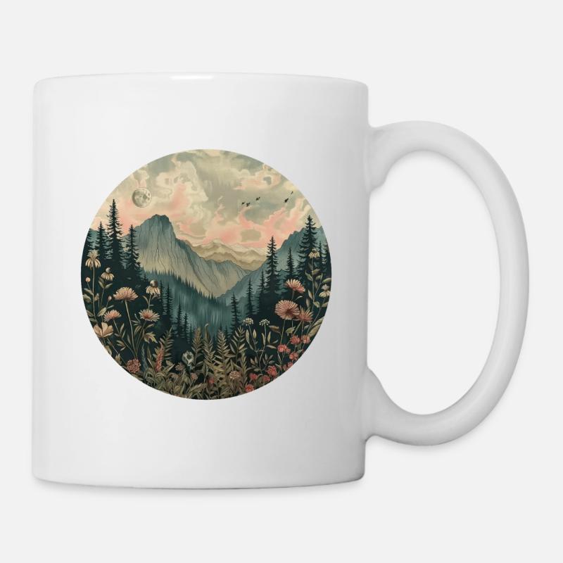 Boho, Blumen, Berge, Landschaft, Natur, Bäume - Tasse - Weiß