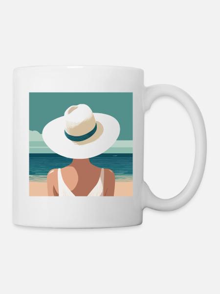 Femme avec chapeau sur la plage - Mug blanc - blanc