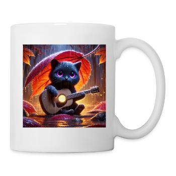 Black cat with purple eyes plays guitar - Mug - white - Right
