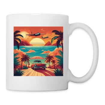 Vintage Beach Sunset with Red Car and Planes - Mug - white - Right