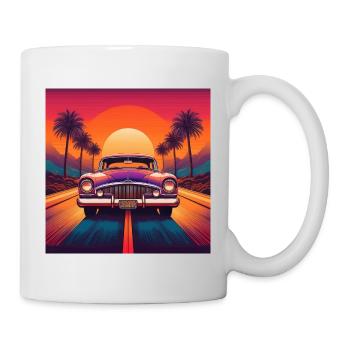 Retro Car at Sunset with Palm Trees - Mug - white - Right
