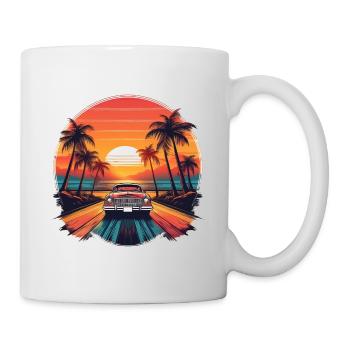 Retro Car Palm Sunset – Vintage Beach Drive Art - Mug - white - Right