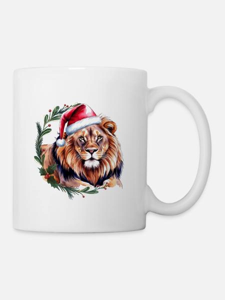 Löwe mit Weihnachtsmütze Weihnachtsmotiv - Tasse - Weiß