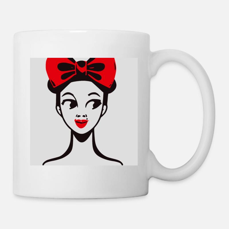 Retrotyttö punaisella rusetilla - Muki - valkoinen