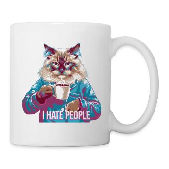 Ich hasse Menschen Katze im Pyjama mit Kaffee - Tasse - Weiß - Rechts