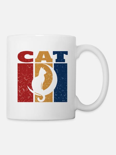 Cat On Crescent Moon Retro Design - Mug - white