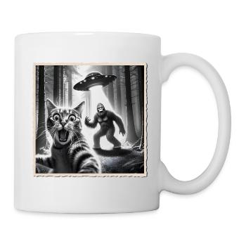 Lustige Katze Selfie mit Bigfoot und UFO - Tasse - Weiß - Rechts