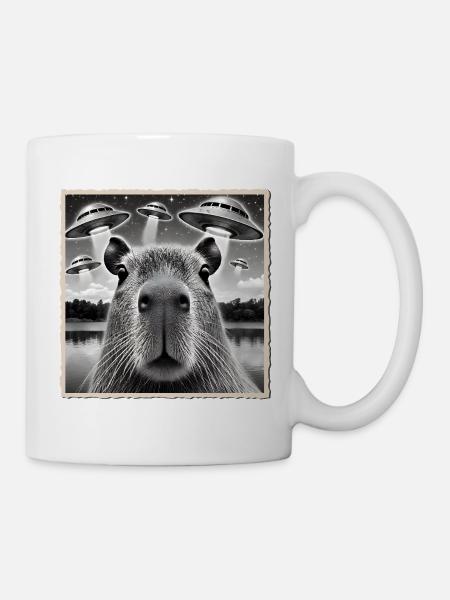 Lustige Wasserschwein Selfie mit UFO, Capybara - Tasse - Weiß