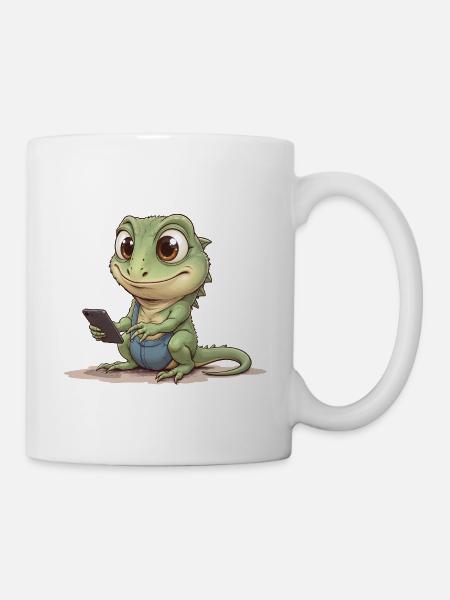 Bébé lézard avec téléphone portable - Mug blanc - blanc