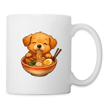 Cute little dog eating ramen noodles from bowl - Mug - white - Right