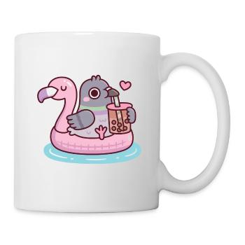 Pigeon mignon se relaxant sur un flotteur de flamant rose avec boba - Mug blanc - blanc - Droite