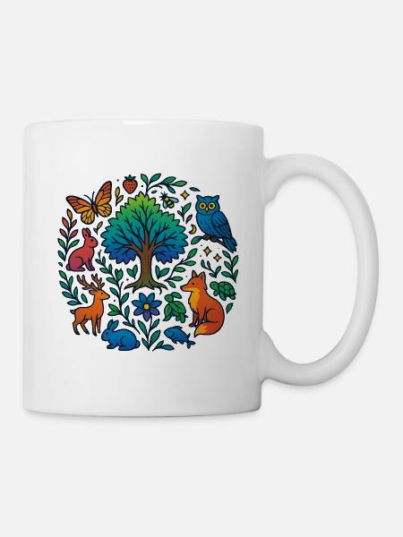 T-shirt avec des animaux de la forêt et un arbre – pour les amoureux de la nature - Mug blanc - blanc