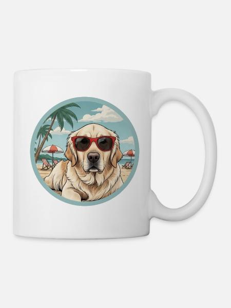 Strandwelpe mit roter Sonnenbrille Golden Retriever - Tasse - Weiß