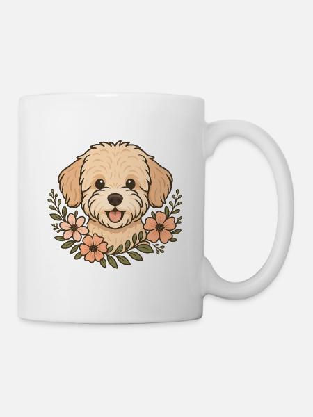 Cute Maltipoo with Flowers – Floral Dog Motif - Mug - white