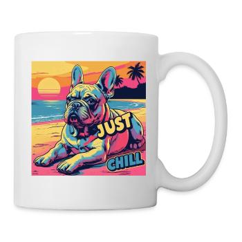 Beruhigender Hund am Strand mit der Aufschrift Just Chill - Tasse - Weiß - Rechts
