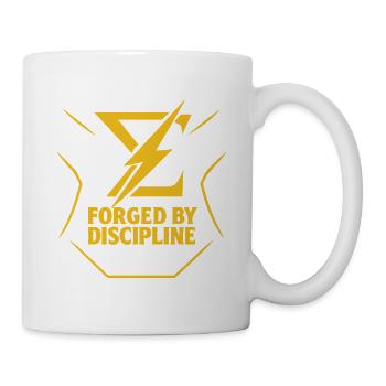 Geschmiedet durch Disziplin – Motivierendes Gym Shirt - Tasse - Weiß - Rechts