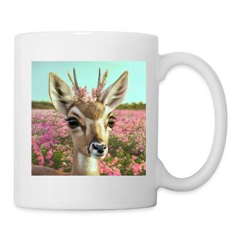 Reh mit Blumenkrone in Frühlingswiese (AI-Art) - Tasse - Weiß - Rechts