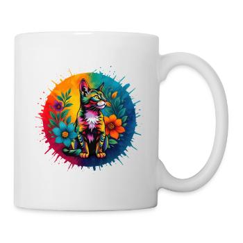 Bunte Deko-Katze mit Blumen - Tasse - Weiß - Rechts