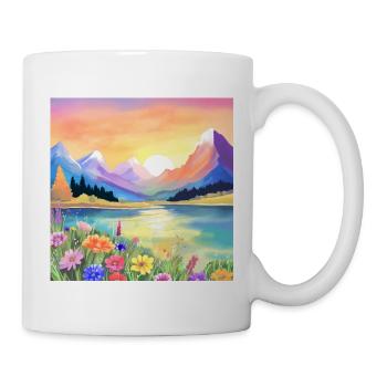 Sonnenuntergang über den Bergen, dem See und den Blumen - Tasse - Weiß - Rechts