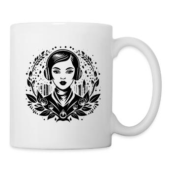 Urban Skyline Shirt – Woman with Headphones - Mug - white - Right