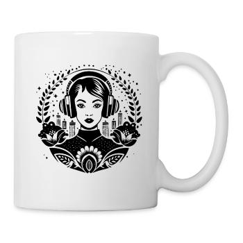Urban Skyline Shirt – Woman with Headphones - Mug - white - Right