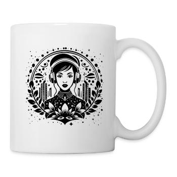 Urban Skyline Shirt – Woman with Headphones - Mug - white - Right