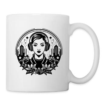 Urban Skyline Shirt – Woman with Headphones - Mug - white - Right