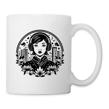 Urban Skyline Shirt – Woman with Headphones - Mug - white - Right