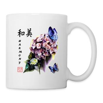 Hortensien mit Schmetterlingen, Aquarell. - Tasse - Weiß - Rechts