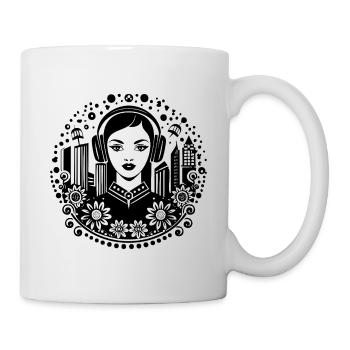 Trottoir urbain – femme, casque audio, portail - Mug blanc - blanc - Droite