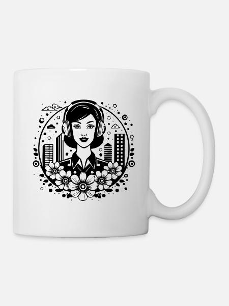 frau gesicht – frau, kopfhörer, skyline, platz - Tasse - Weiß