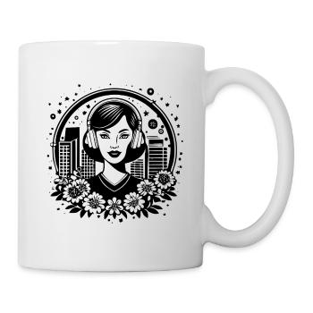Skyline Hochhaus Fassade – Frau mit Kopfhörer - Tasse - Weiß - Rechts