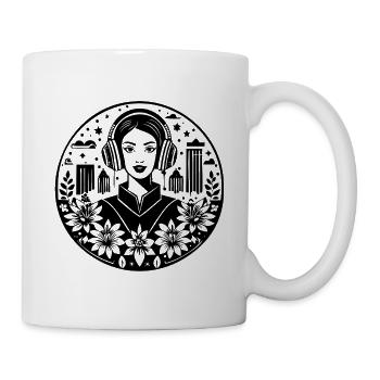 Gesicht – Frau mit Kopfhörer, Skyline, Streetwear - Tasse - Weiß - Rechts