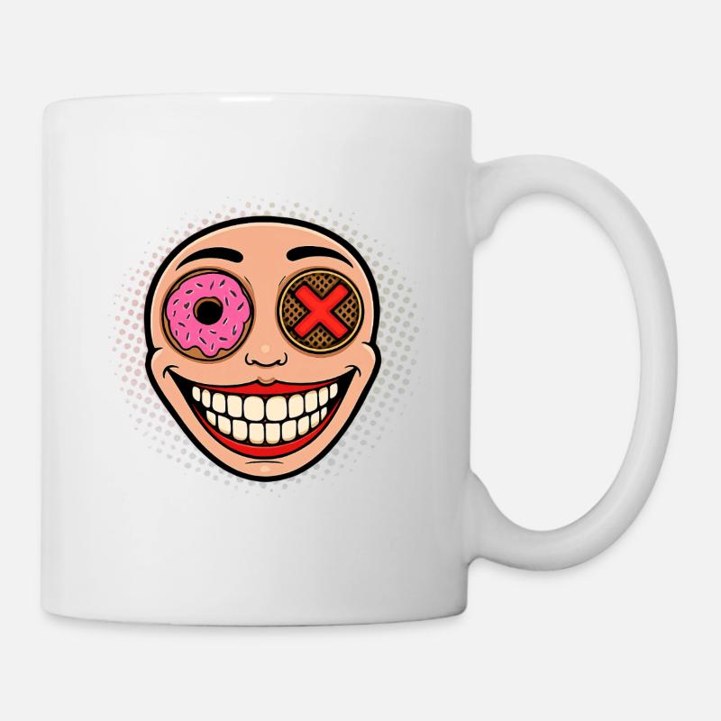 Lächelndes Maskottchen mit Donut und Kake - Tasse - Weiß