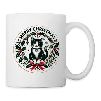 Festlicher Stechpalmenkranz mit schwarzer Katze - Tasse - Weiß - Rechts