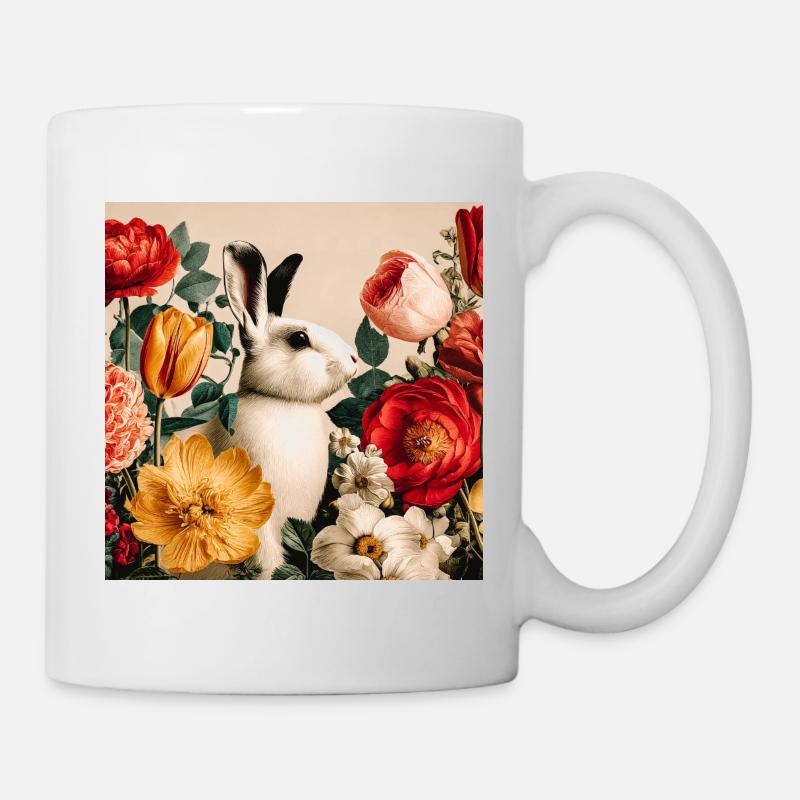 Lapin floral élégant dans un jardin luxuriant - Mug blanc - blanc