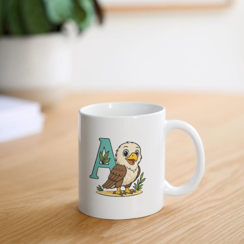 Aigle mignon avec initiale A et feuillage Mug blanc