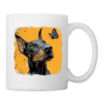 Drôle de doberman et de papillon sur orange - Mug blanc - blanc - Droite