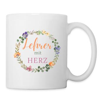 Lehrer mit Herz -Blumen-Kranz-personalisiert - Tasse - Weiß - Rechts
