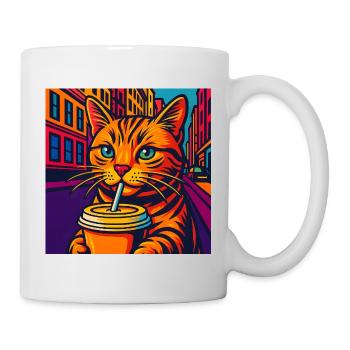 Lebhafte Stadtkatze mit Getränk, liebe Katzen - Tasse - Weiß - Rechts