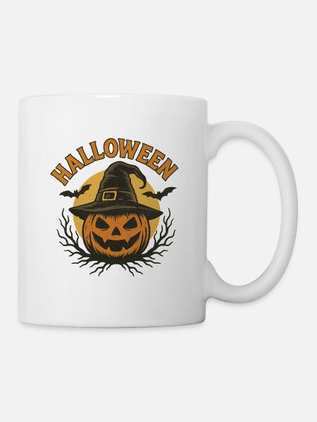 Halloween Kürbiskopf mit Hexenhut Design - Tasse - Weiß
