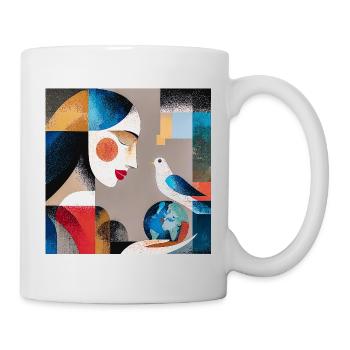 Porträt einer abstrakten Frau mit Vogel und Globus - Tasse - Weiß - Rechts