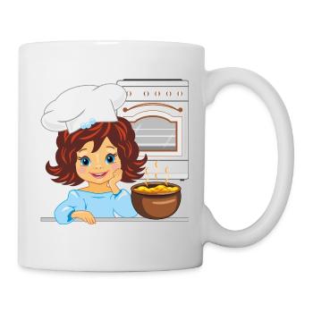Cute girl is cooking soup in the kitchen - Mug - white - Right