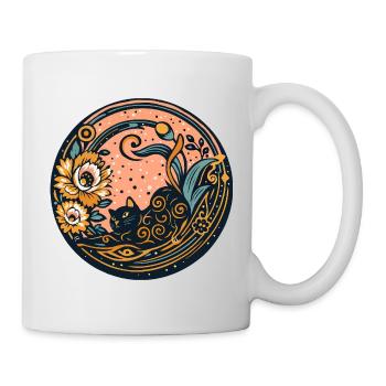 Chat noir entouré de fleurs et de lune - Mug blanc - blanc - Droite