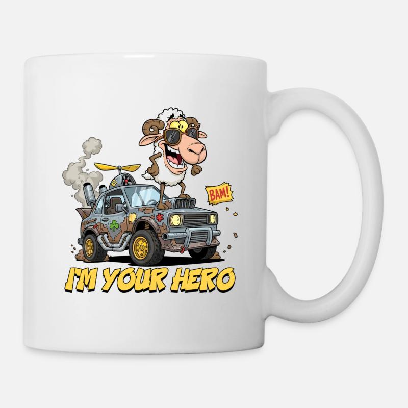 Mouton de dessin animé avec lunettes de soleil et véhicule tout-terrain - Mug blanc - blanc