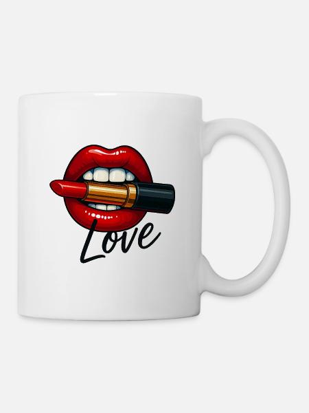 Kiss Lips with Lipstick and Love Font - Mug - white