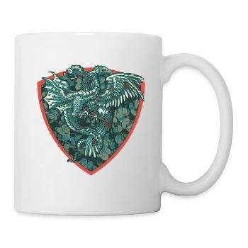 Mittelalterlicher Drache in Blau auf Schild - Tasse - Weiß - Rechts